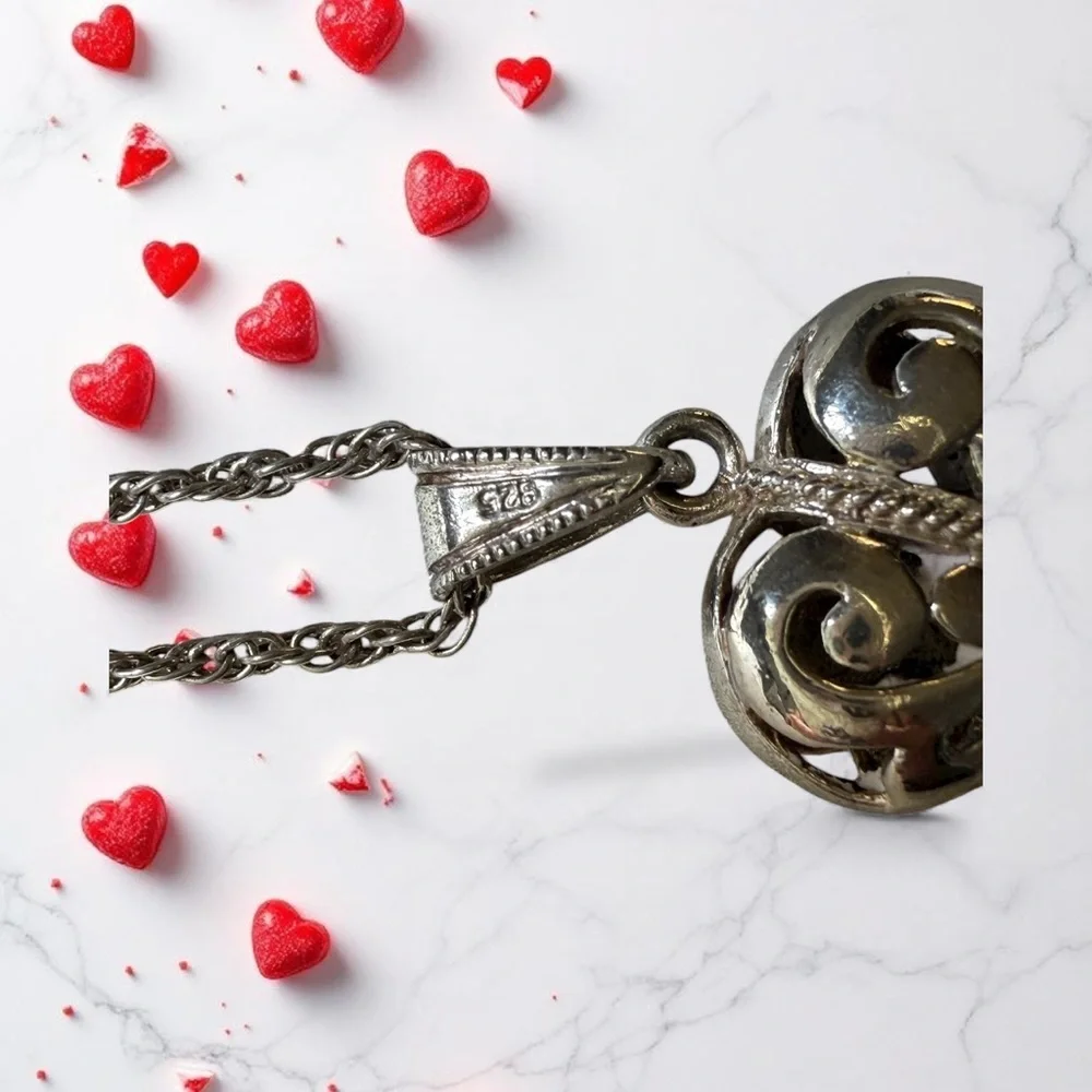 Heart scroll sterling silver puff heart 925 vintage w/ neck sterling 7.74 grams‌ - Picture 6 of 7